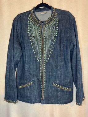 Chicos Heritage Beaded Denim Jacket Turquoise Gold 35th Anniversary